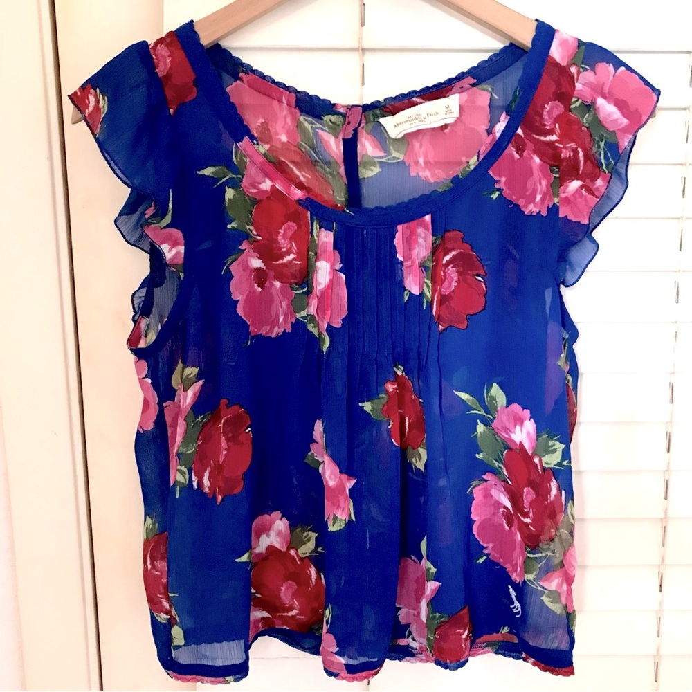 Vintage Abercrombie & Fitch Sz M Blue Floral Chiffon Blouse Flutter Y2K Mallcore
